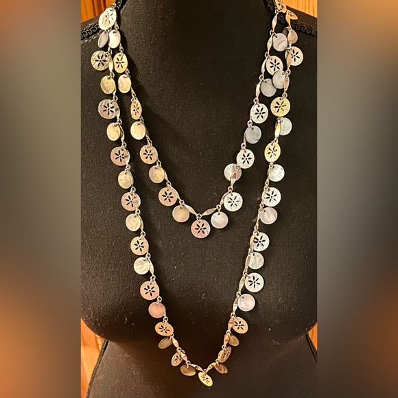 Elegant Silver Toned Sand Dollar and Abalone Like Shining Coin 52” Necklace Gift - Picture 8 of 14